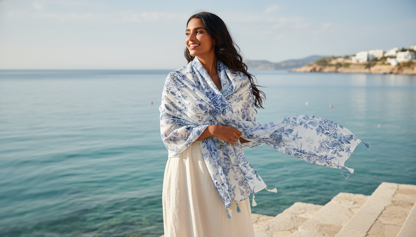 A woman wears the Azurielle Porcelain Bloom Shawl with delicate blue floral artistry, standing on a sun-drenched Mediterranea